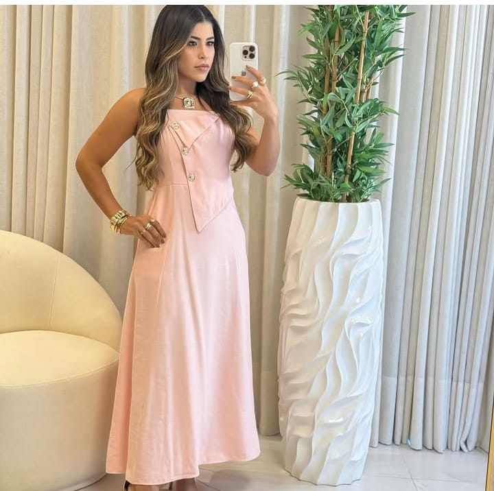 Vestido de Linho com Botão